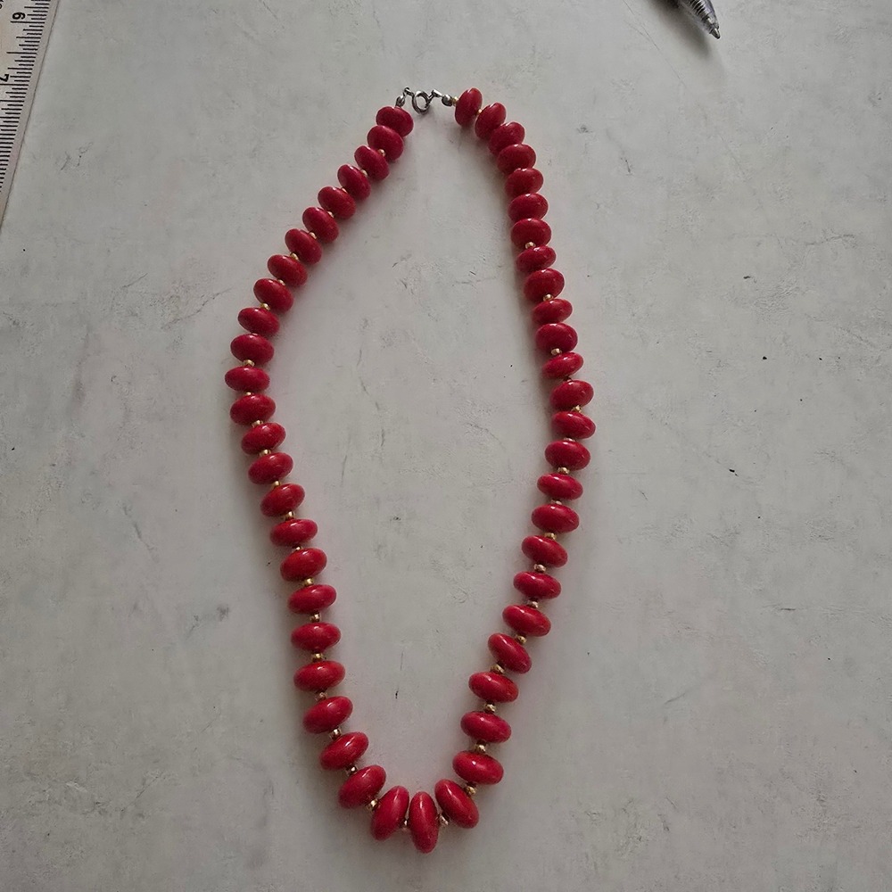 Vtg Red Saucer Bead Necklace Gold Tone Spacers 17 Inch Bold Statement Jewelry